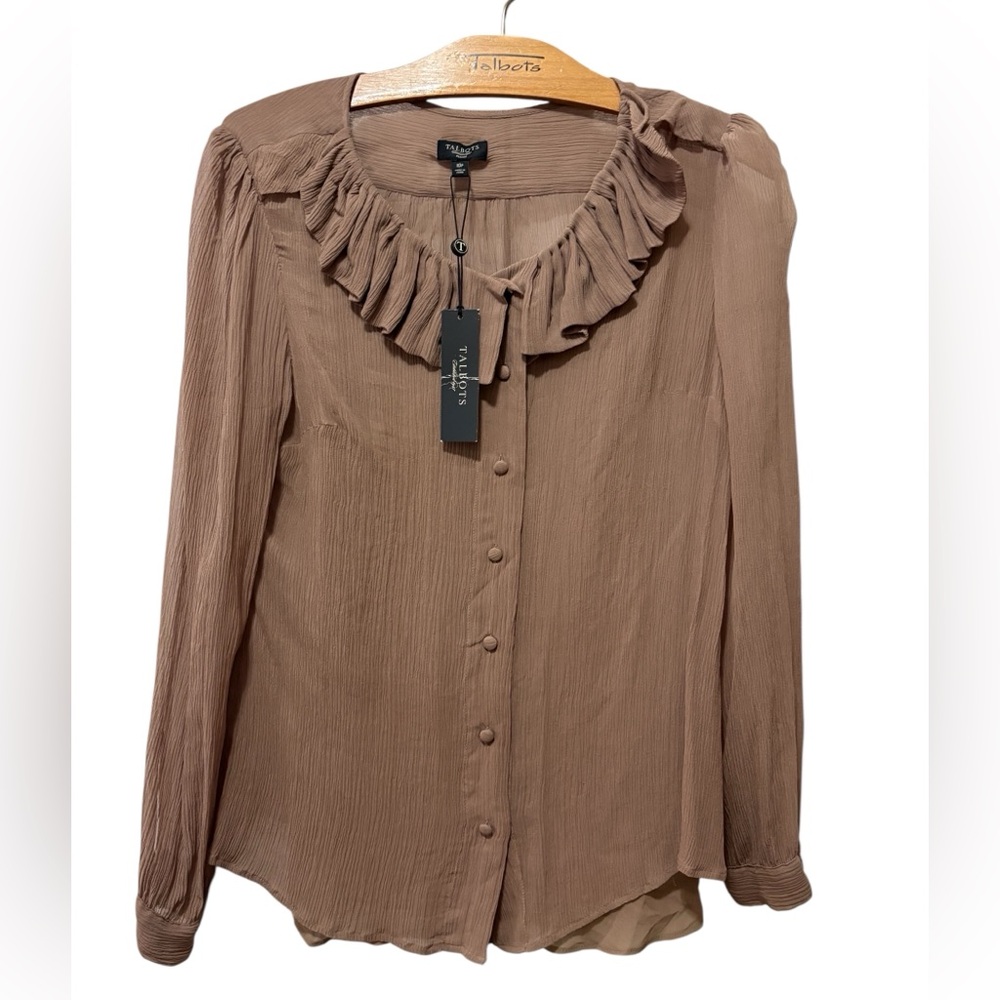 Talbots Women's Taupe Ruffle Button-Up Blouse